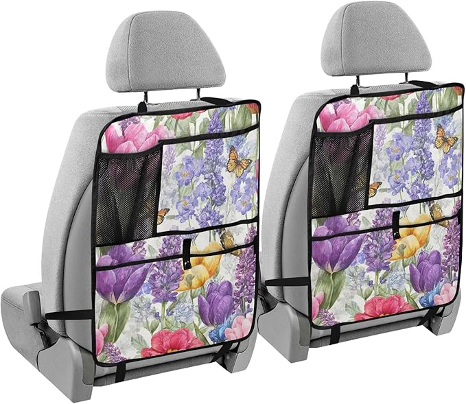 1 Pack Back Seat Car Organizer with Storage Pockets Kick Mats Back Seat Protector Hanging Car Organizer Automotive Seat Back Cover Organizers Tulips Lavenders Purple Butterfly