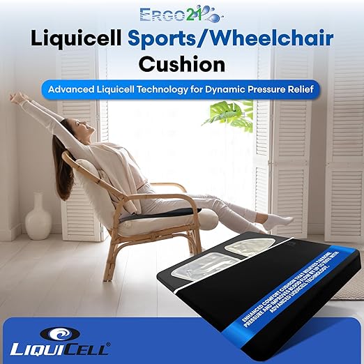ERGO21 LiquiCell Sports Cushion - 2 Inch Thick Seat Pad for Tailbone, Hip & Lower Back Pain Relief - Ergonomic Comfort for Car, Office, Stadium, Travel & Wheelchairs- Better Than Gel, Foam or Air