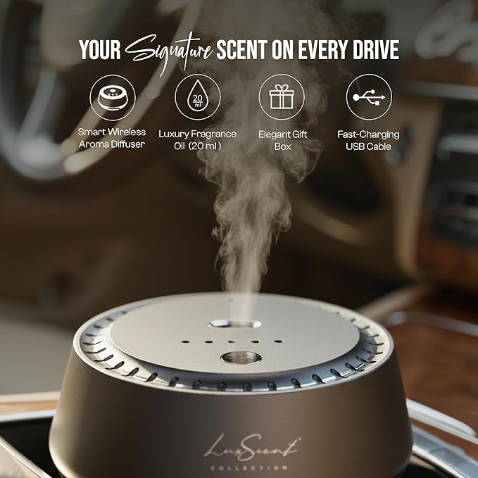 Smart Car Diffuser with 20ML Scent Oil Included - Car Air Freshener - Aromatherapy Diffuser - Portable, Compact, Cordless and Quiet Device - Deluxe Car Diffuser Luxscent Collection
