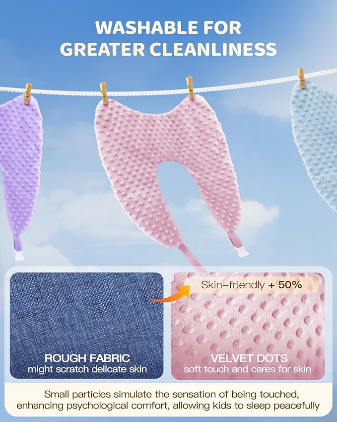 Memory Foam Kids Travel Pillow, Car Pillow for Kids, H-Shape Car Pillows for Sleeping, Removable Pillowcase, Adjustable, Velvet Dots, Pink