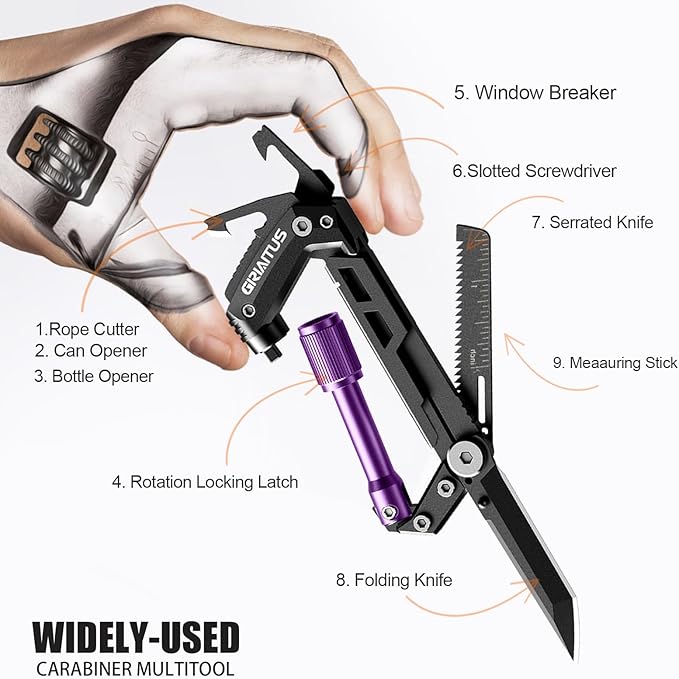 Carabiner Multitool with Pocket Knives, EDC Carabiners, Serrated Knife, Rope Cutter, Screwdriver, Can Bottle Opener, Ruler, Folding Knife for Camping Hiking, Gifts for Men (Purple)