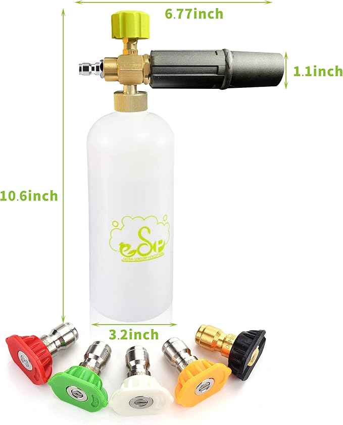 ESP Foam Cannon 1L Car Wash Foam Sprayer with 1/4" Quick Connector, 5 Nozzle Tips for Pressure Washer