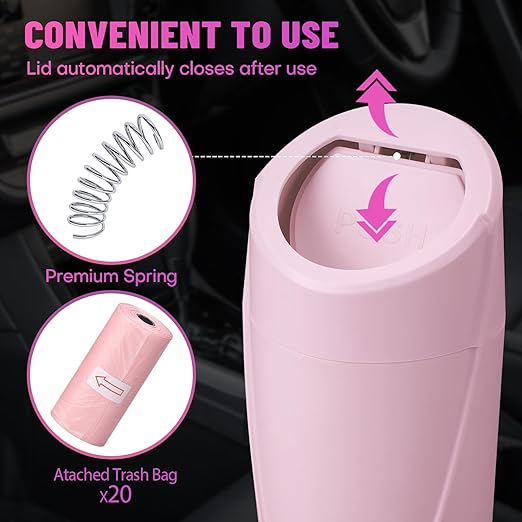 Car Trash Can Bin with Lid - Car Garbage Can Cup Holder - Pink Mini Leakproof Vehicle Garbage Bin with 20pcs Trash Bags - Automobile Organizers and Storage for Front Back Seat Accessories