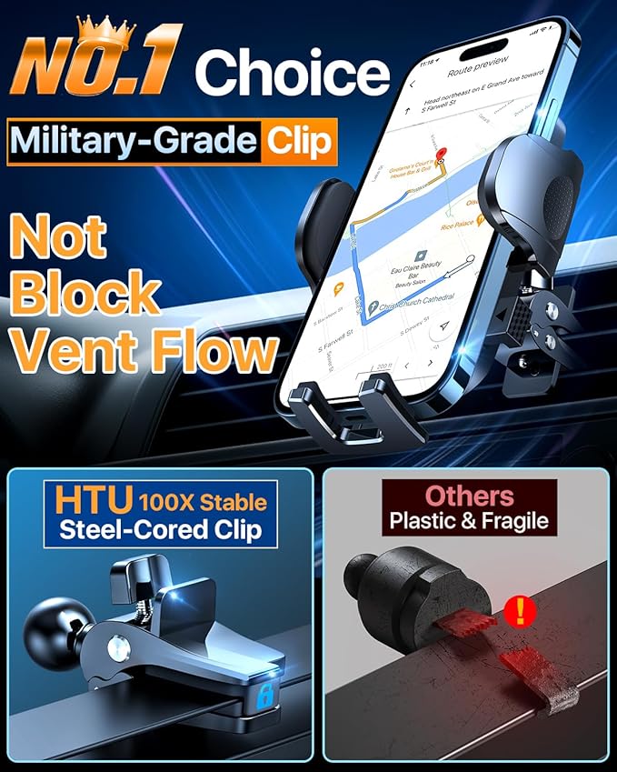 2026 Ultimate Best【True Military-Grade & Safety Cert】Car Phone Holder HTU【Upgraded 5-in-1 & 100+LBS Strongest Suction】360 Rotation Truck Windshield Dashboard Vent Mount Stand for iPhone Android, Blue