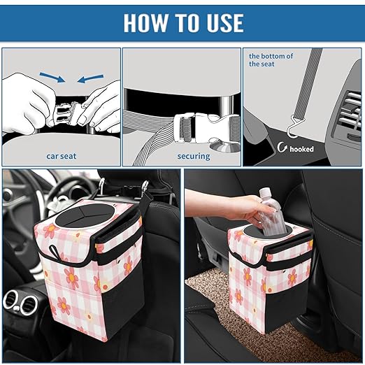 Car Trash Can with Lid, Small Portable Hanging Automotive Garbage Bin for Vehicles, Leakproof Waste Bag Container for SUV Truck Van Interior Auto Travel Road Trips(Pink Gingham)