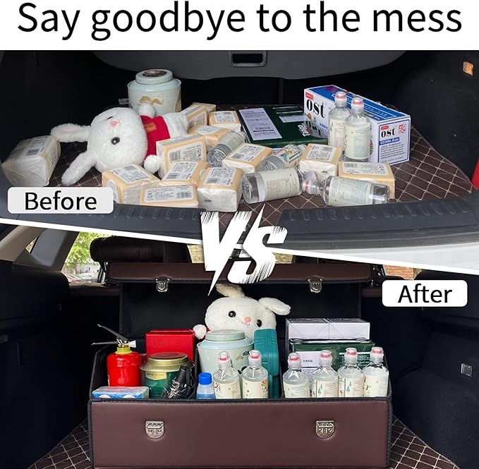 Trunk Organizer for Car With Lid,Foldable Trunk Organizer for SUVs & Sedans,Multi-Functional Leather Storage Box- Brown - Large