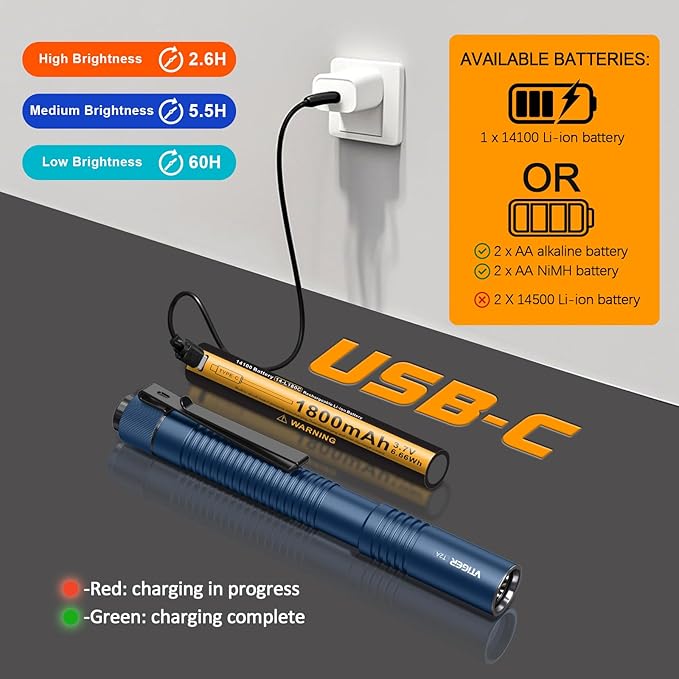 VTIGER T2A Compact EDC Flashlight,1500 High Lumens AA Rechargeable LED Flashlight, Super Bright Small Tactical Tail Switch Pocket Flash Light with Magnet for Camping,Hiking,Outdoor,Home,Emergency