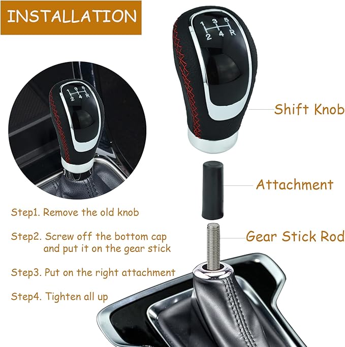 5 Speed Car Shifter Knob PU Leather Gear Lever Handle Car Transmission Stick Head for Most Manual Automotive Vehicles (Red Stitches)