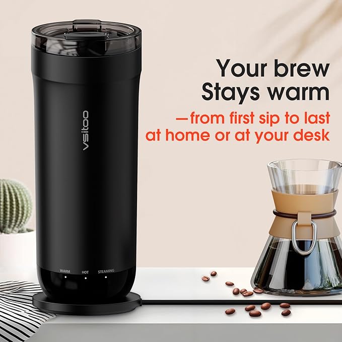 VSITOO S5 heated travel mug,16oz, Auto-Sensing AI Heats Drinks To 120-150°F Hands-Free. Temperature Control for All Cars, Perfect for Home/Office/Travel/Outdoor, Ideal Gift for Coffee Lovers - Black