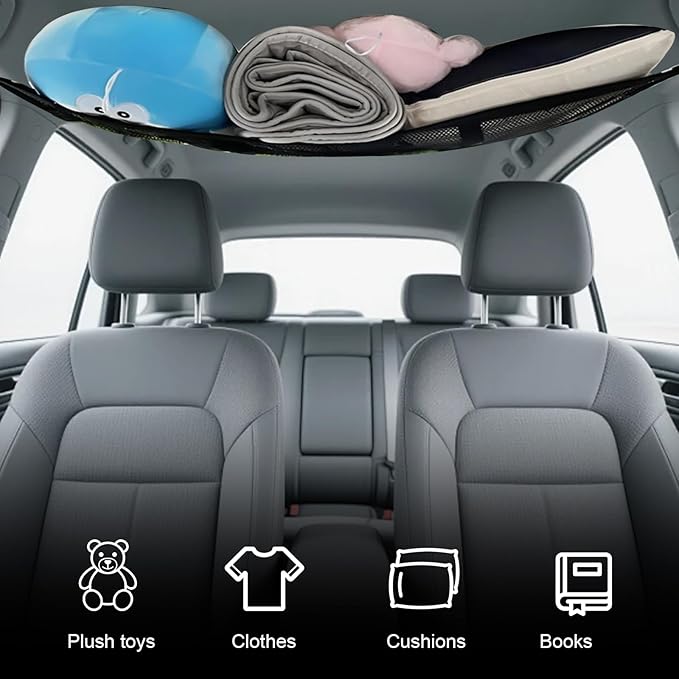 Upgrade Car Ceiling Cargo Net Pocket, 31.5" x 20.87" Strong Load Car Roof Storage Organizer, Double-Layer Mesh Camping Overlanding Gear Must Haves Cargo Net, Universal Road Trip Accessories