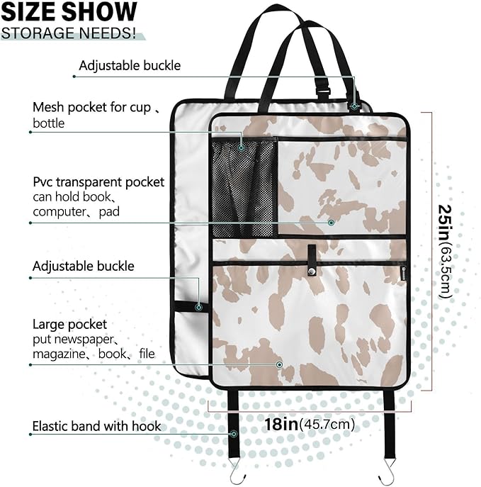 1 Pack Backseat Car Organizer with Storage Pockets Seat Back Organizers for Kids Kick Mats Backseat Protector Automotive Cow Print Brown