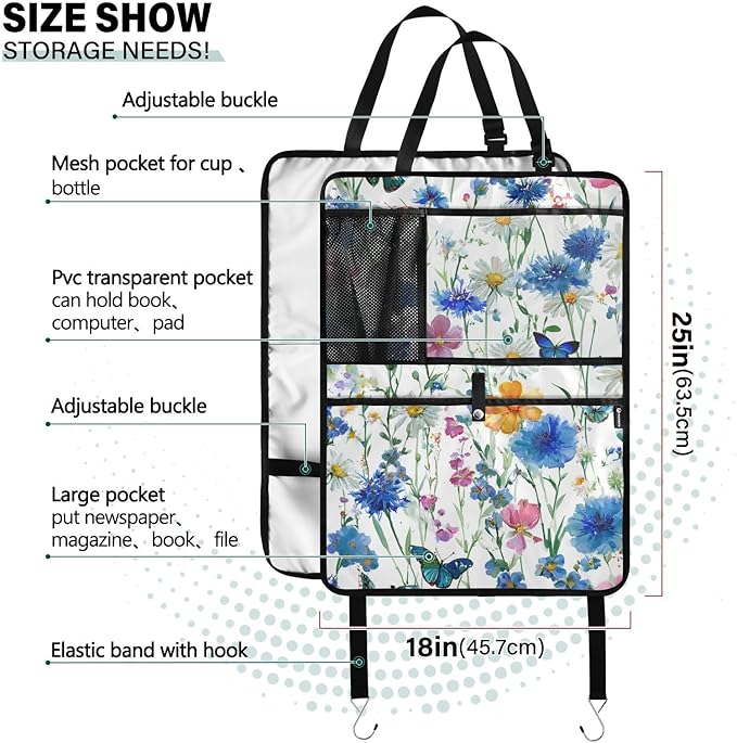 1 Pack Back Seat Car Organizer with Storage Pockets Kick Mats Back Seat Protector Hanging Car Organizer Automotive Seat Back Cover Organizers Watercolor Cornflower Daisy
