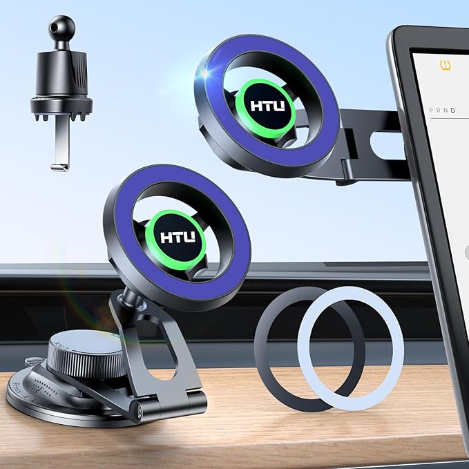 HTU 2026 Upgraded Car Phone Holder for Magsafe Magnetic Car Phone Mount [360° Adjustable 99LBS Ultra Suction] Cell Phone Holders for Tesla Cars/Gym/Mirror Mount for iPhone & Android (Dark Blue)