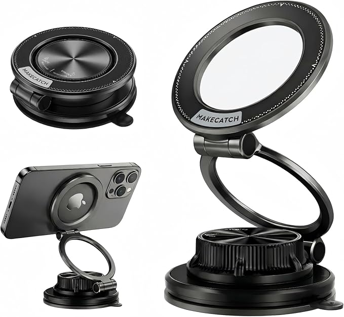 Vacuum Magnetic Car Phone Mount, 120+LB N55 Magnet (3000gf) Dashboard & Windshield Holder with Ultra-Stable Suction Cup, Foldable 0.83in Compact Car Mount for iPhone Samsung –Black