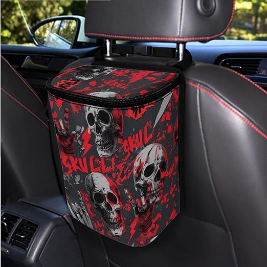 1.2 Gallons Car Trash Bag, Skull Rock Hand Vehicle Trash Bag, Adjustable Hanging for Tail of Console/Back of Seats, Odor-Free with Zipper Leak-Proof Lid Design, Washable,Camping Essential