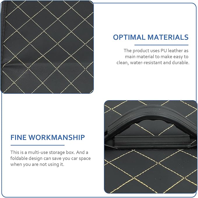 Car Trunk Leather Organizer Small Foldable Vehicle Trunk Storage Box with Grid Pattern Thread for SUV and Sedan Cargo Management