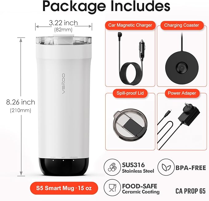 VSITOO S5 heated travel mug,16oz, Auto-Sensing AI Heats Drinks To 120-150°F Hands-Free. Temperature Control for All Cars, Perfect for Home/Office/Travel/Outdoor, Ideal Gift for Coffee Lovers - White