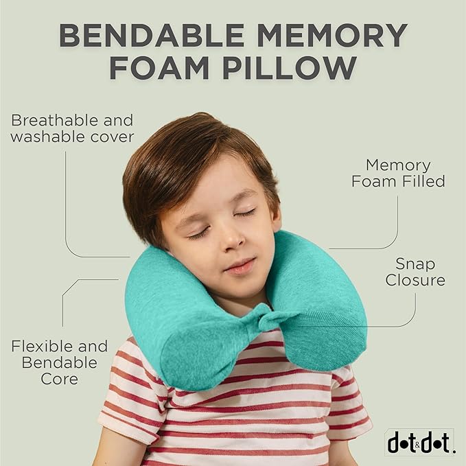 Dot&Dot Green Twist Memory Foam Kids Travel Pillow for Airplanes - Neck Pillows for Sleeping - Airplane Pillow for Neck Support, Chin, Lumbar, Leg - Adjustable Toddler Neck Pillow
