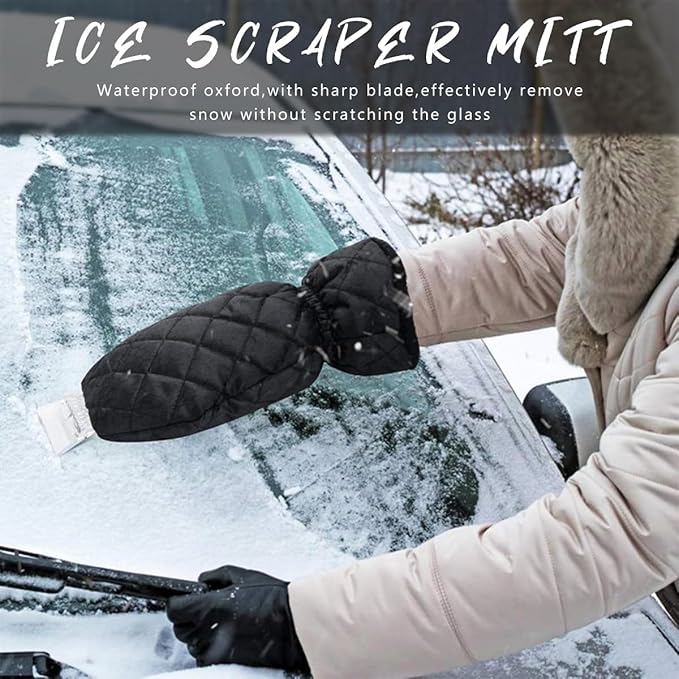 Ice Scraper with Glove, Warm & Waterproof Windshield Ice Scraper Mitt Snow Shovel Glove, Ice Snow Frost Remover Cleaning Tool for Car Window Home, Winter Car Accessories (Black)