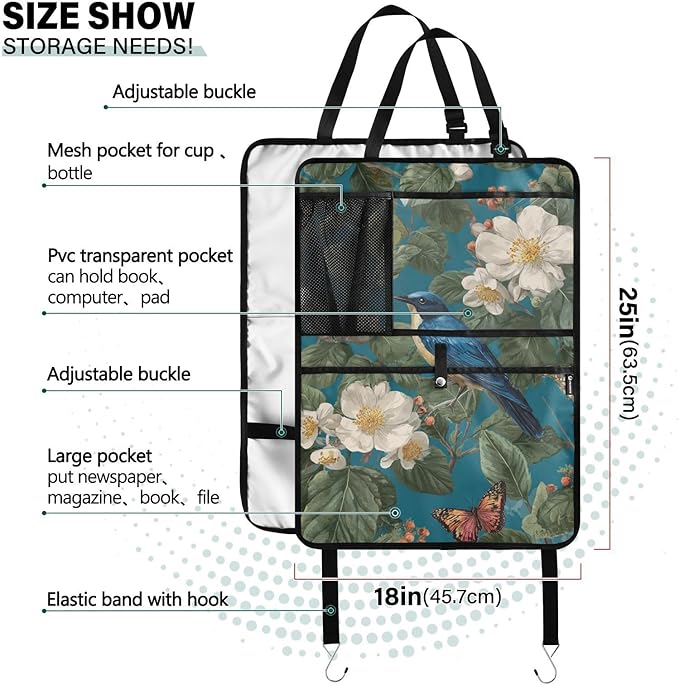 1 Pack Back Seat Car Organizer with Storage Pockets Kick Mats Back Seat Protector Hanging Car Organizer Automotive Seat Back Cover Organizers Vintage Blue Bird Flowers Butterflies