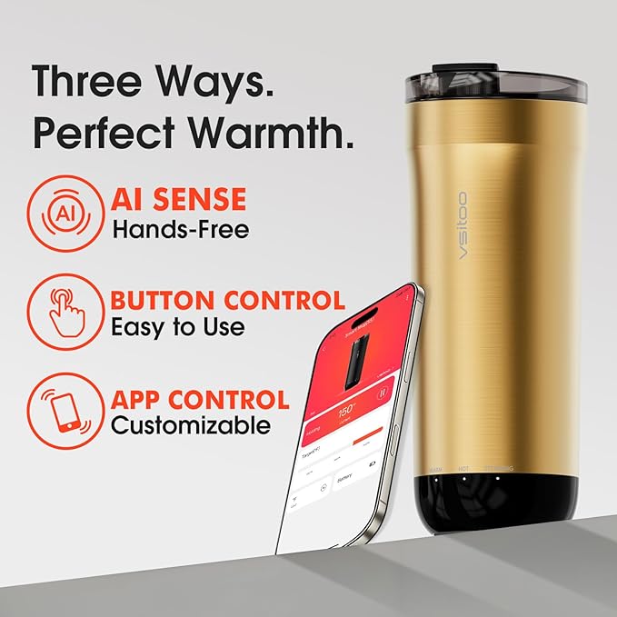 VSITOO S5 heated travel mug,16oz, Auto-Sensing AI Heats Drinks To 120-150°F Hands-Free. Temperature Control for All Cars, Perfect for Home/Office/Travel/Outdoor, Ideal Gift for Coffee Lovers - Gold