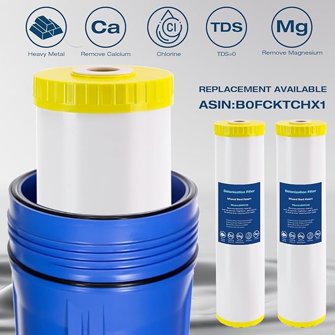 H&G lifestyles Spotless Water System for Car Wash, 20" x 4.5" Water Deionizer for Car Washing, Spot-Free Deionized Water,3/4 GHT Brass Fittings,Garden Hose Deionization Filtration System