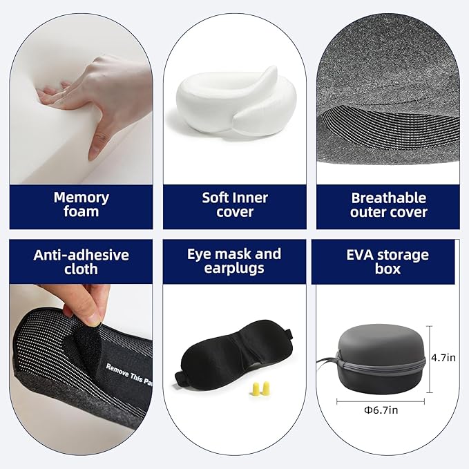 Travel Pillow for Airplane Portable Memory Foam Neck Pillows Adjustable for Car Home Office Flights Travel Essentials Accessories 360° Neck Support with Compact Case, Dark Gray