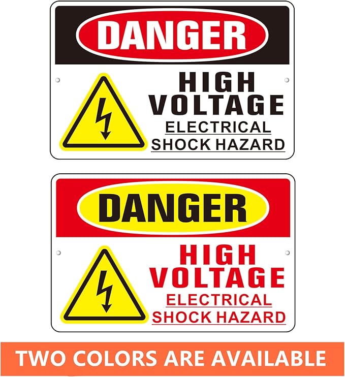 Danger High Voltage Sign, (2 Pack) Self Adhesive Aluminum Metal Electrial Shock Hazard Signs for Indoor Outdoor Use, Rust Free and Reflective Sticker (9 x 6 inches, Black/White)