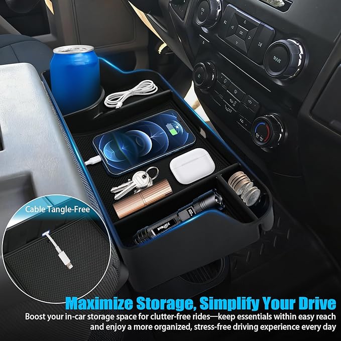 Jump Seat Front Seat Headrest Organizer for 2011-2026 Ford F150-F650 Super Duty Accessories- Truck Interior Storage Tray with Deep Cup Holder, Cable Hole, Non-Slip Silicone Mat & Coin Container