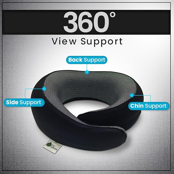 Travel Neck Pillow 100% Memory Foam, Ergonomic 360° Support Pillow for Flights, Car, Office & Train, Breathable Travel Essentials for Adults & Kids, Neck Pain Relief, (BLACK)