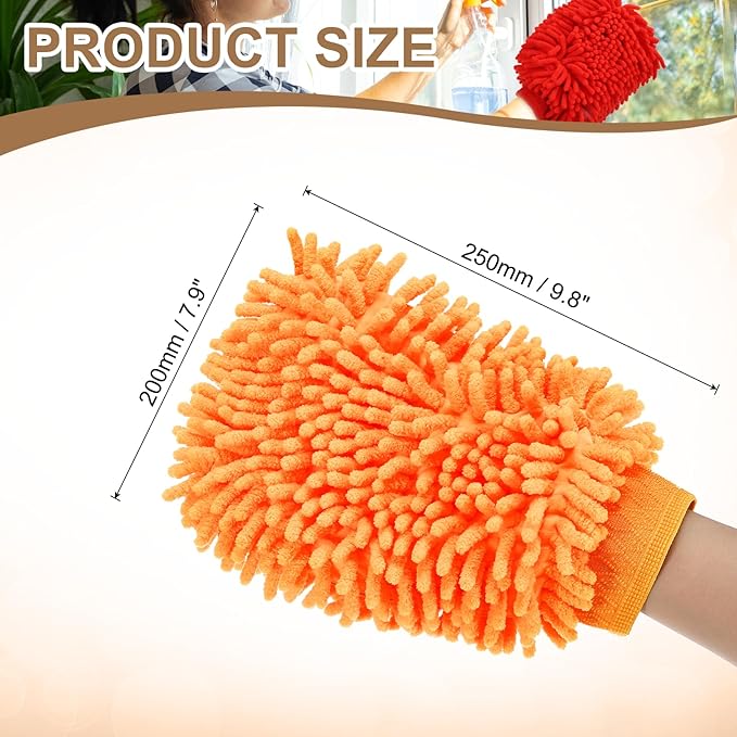 HARFINGTON 2pcs Premium Chenille Microfiber Car Wash Mitts 9.8" x 7.9" Scratch Free Wash Gloves Absorbent Double Sided Plush Cleaning Drying Mitts for Car Washing Home Orange Yellow