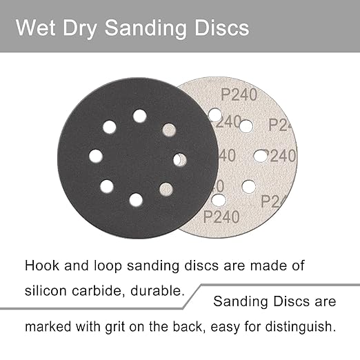 100 Pcs 5 Inch Sanding Discs Hook & Loop 8 Holes Wet Dry 240 Grit Sandpaper Silicon Carbide Sand Paper for Orbital Sander Automotive Wood Plastic Metal Polishing (100Pcs 240 Grit)