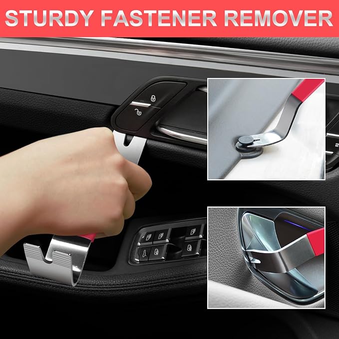 11 PCS AutoTrim Removal Tool Kit, Metal Pry Tool Auto Fastener Remover Pry Bar Set Trim Remover Kits for Vehicle Door Panel, Audio Radio Panel, Dashboard Repair Kit RED