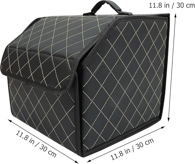 Car Trunk Leather Organizer Small Foldable Vehicle Trunk Storage Box with Grid Pattern Thread for SUV and Sedan Cargo Management
