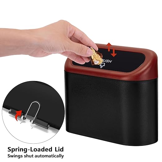 Ginsco Mini Car Trash Can with Lid, Small Car Garbage Can, Cute Leakproof ABS Car Trash Bin, Car Accessories for Interior, Garbage Bin for Car, Home, Office with 60pcs Trash Bags Black/Red
