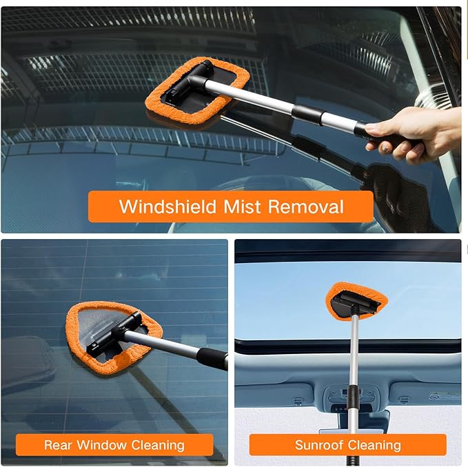 10pcs Windshield Cleaning Tool Inside Car Window Cleaner Wash Kit with 4 Reusable Microfiber Pads 1 Spray Bottle and Extendable Handle Interior Auto Glass Wiper Kit, Orange