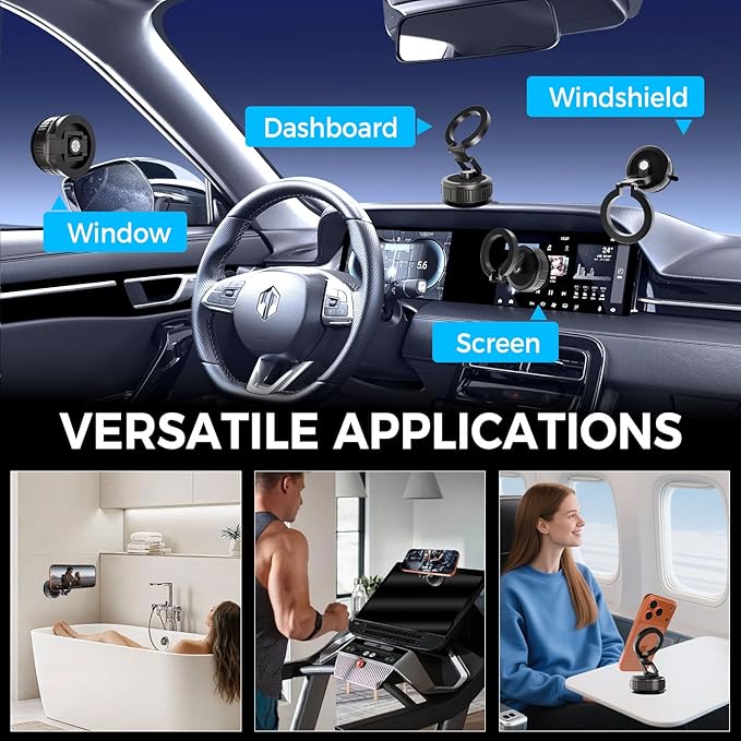 Reinforced Vacuum Magnetic Strong Suction Car Phone Holder,360 Adjustable Car Truck Mount for Magsafe iPhone 17 Pro Max 16 15 14 13 12 Air Plus,Magnet Cell Phone Ring Stand Tripod Automobile Cradles