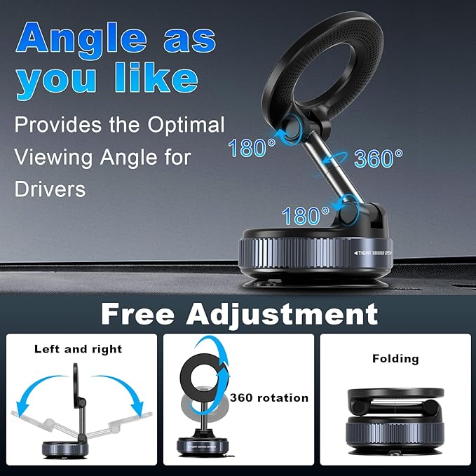 Vacuum Magnetic Phone Holders for Your Car, 360° Adjustable Car Phone Holder for Magsafe with Powerful Magnet, Folding Car Mount for iPhone 17 Pro Max 16 15 14 13 12 Air Plus & Android