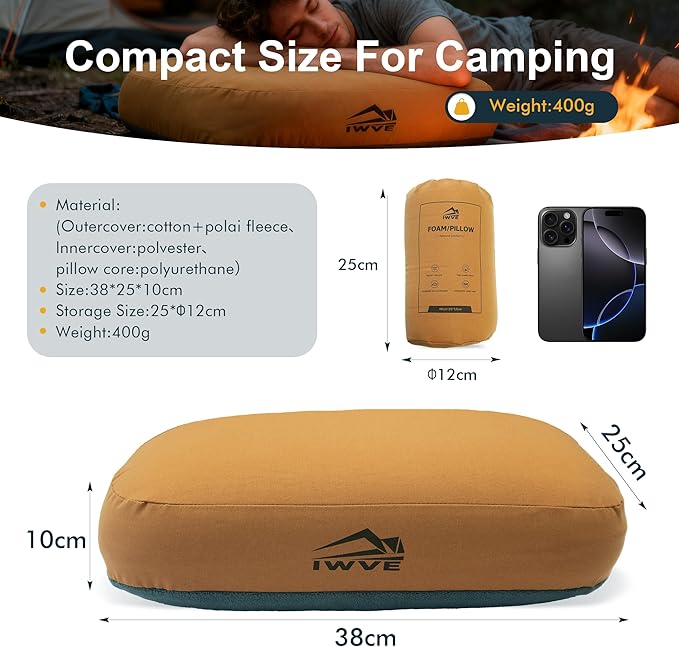 Thick Camping Memory Foam Pillow, Compressible & Ultralight Travel Pillow for Backpacking - Ergonomic Neck & Lumbar Support for Side Sleepers, Compact for Hiking, Car, Airplane