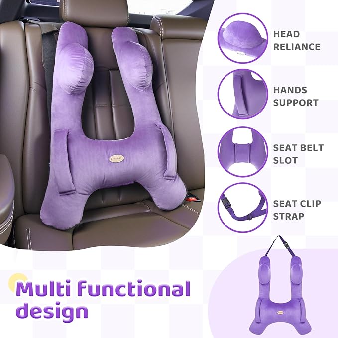 FLORICH Kids Travel Pillow, Car Sleeping Travel Pillow for Kids, Washable H-Shaped Pillow for Adults and Children to Support Head and Body for Road Trips Pillow for Car (Purple)