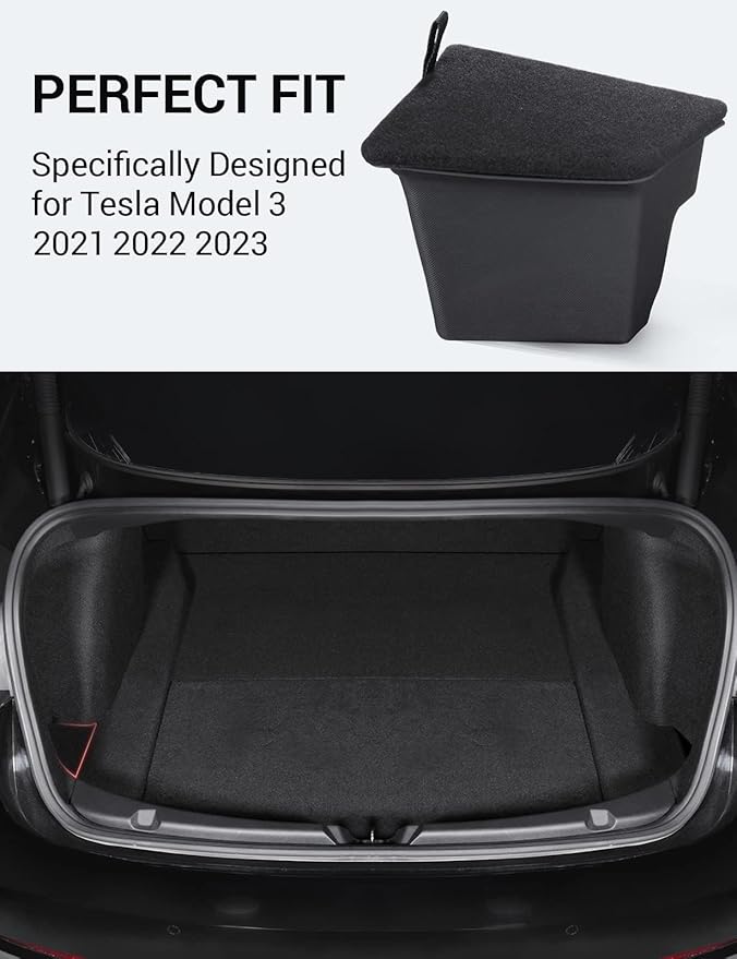 BASENOR 2023 2022 2021 Tesla Model 3 Trunk Storage Bin, Trunk Organizer with Carpeted Lid, Waterproof Rear Trunk Side Storage Box for Model 3 Interior Accessories (Not Fit 2024 2025 Model 3)