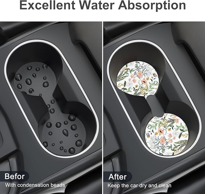 Car Cup Holder Coaster, Car Coasters for Cup Holders, 4 Pack Universal Anti Slip Insert Absorbent Ceramic Auto Interior Accessories with A Finger Notch & Cork Base, Village Road Flowers