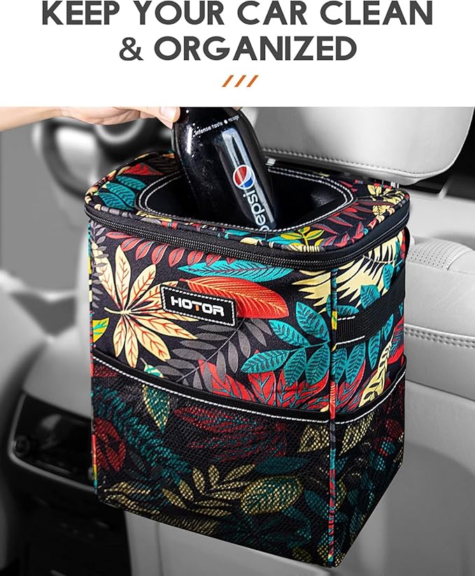 HOTOR Car Trash Can with Lid and Storage Pockets - 100% Leak-Proof Organizer, Waterproof Garbage Can, Multipurpose Trash Bin for Car, 2 Gallons, Autumn Leaves