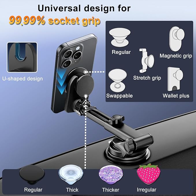 Car Mount for Pop Socket, Dashboard Windshield Car Phone Holder Compatible with Popsocket, Powerful Suction Cup Car Phone Mount Fits All Smartphones with Pop Grip
