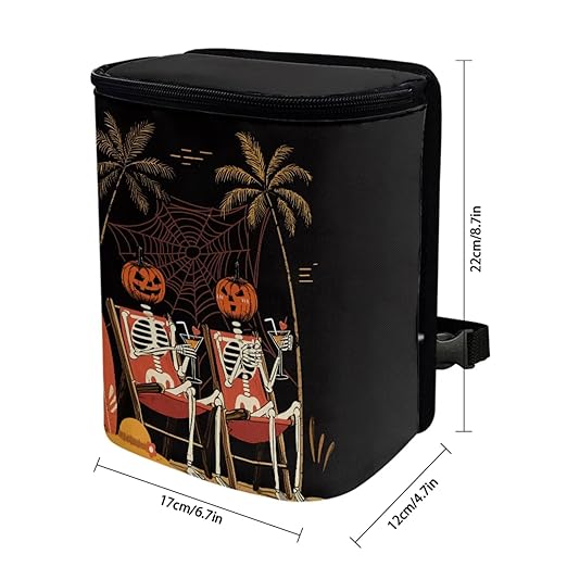1.2 Gallons Car Trash Can for Women,Pumpkin Skull Auto Trash Can for Car, Adjustable Hanging for Tail of Console/Back of Seat, Odor-Free with Zipper Leak-Proof Lid Design, Small and Convenient
