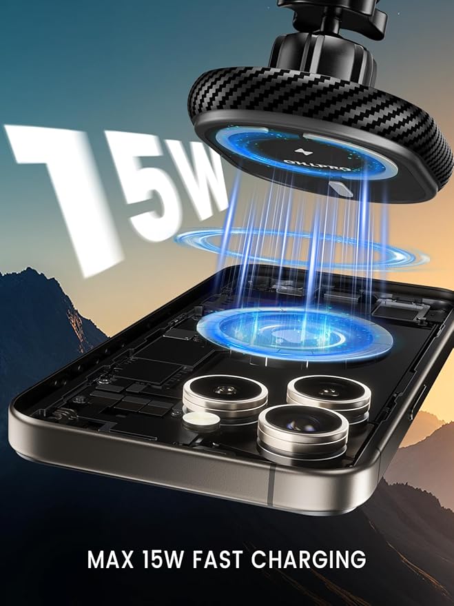 OHLPRO for iPhone 17 Magsafe Car Mount Charger, 15W Fast Charging Magnetic Holder with 3M Adhesive Base for Dashboard, Mag Car Holder for Vent Clip Compatible with iPhone 16/15/14/13 Pro Max, Black