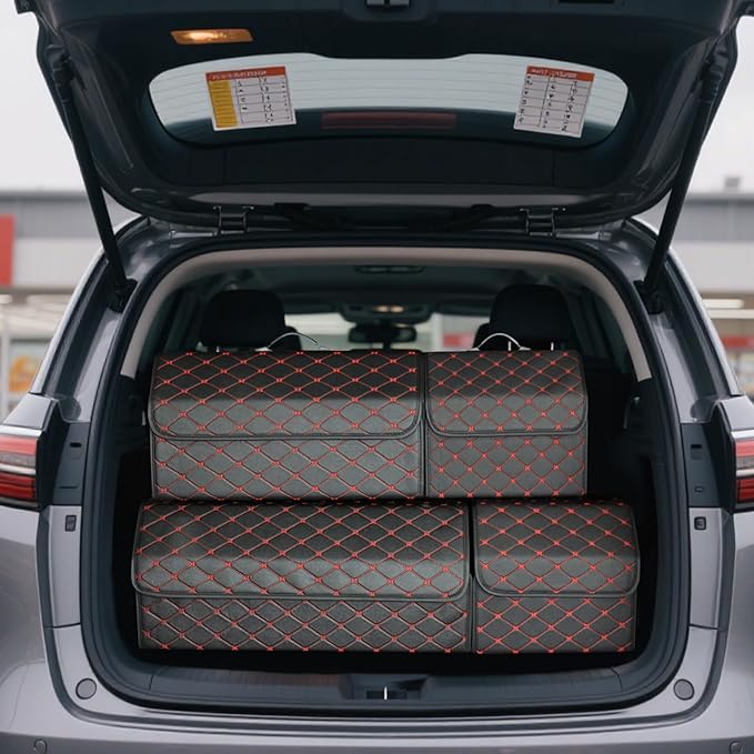 Ergocar Car Trunk Organizer Luxury Foldable Car Boot Tidy Storage Box Waterproof PU Car Boot Storage Organiser for Car/SUV/Truck/Auto (Black Red-M)