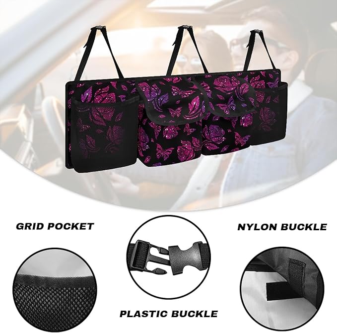 CLOHOMIN Butterfly Car Trunk Organizers for Women Rose Car Storage Organizer for SUV Truck Sedan Novelty Car Trunk Tool Organizer with 4 Pockets Auto Storage Accessories