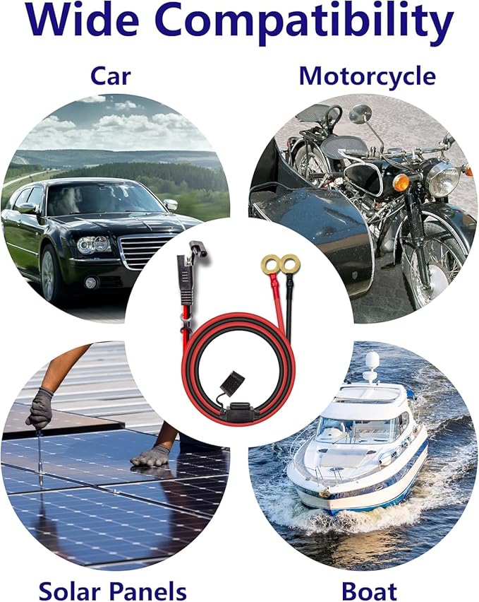 10AWG 3.3FT Charger Cable, SAE to O Ring Terminal Quick Disconnect Harness, 2 Pin SAE Connectors Extension Cables Cord with 15& 20A Fuse and 1 Reverse Plug for Car, Motorcycle, Solar Panel