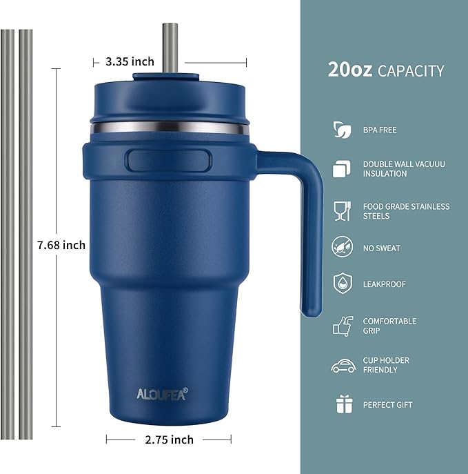ALOUFEA 20 oz Insulated Coffee Mug Tumbler with Handle, Stainless Steel Travel Mug Tumbler with Lid and Straw,Double Wall Vacuum Leak Proof Ice Coffee Thermal Cup, Navy and Army Green